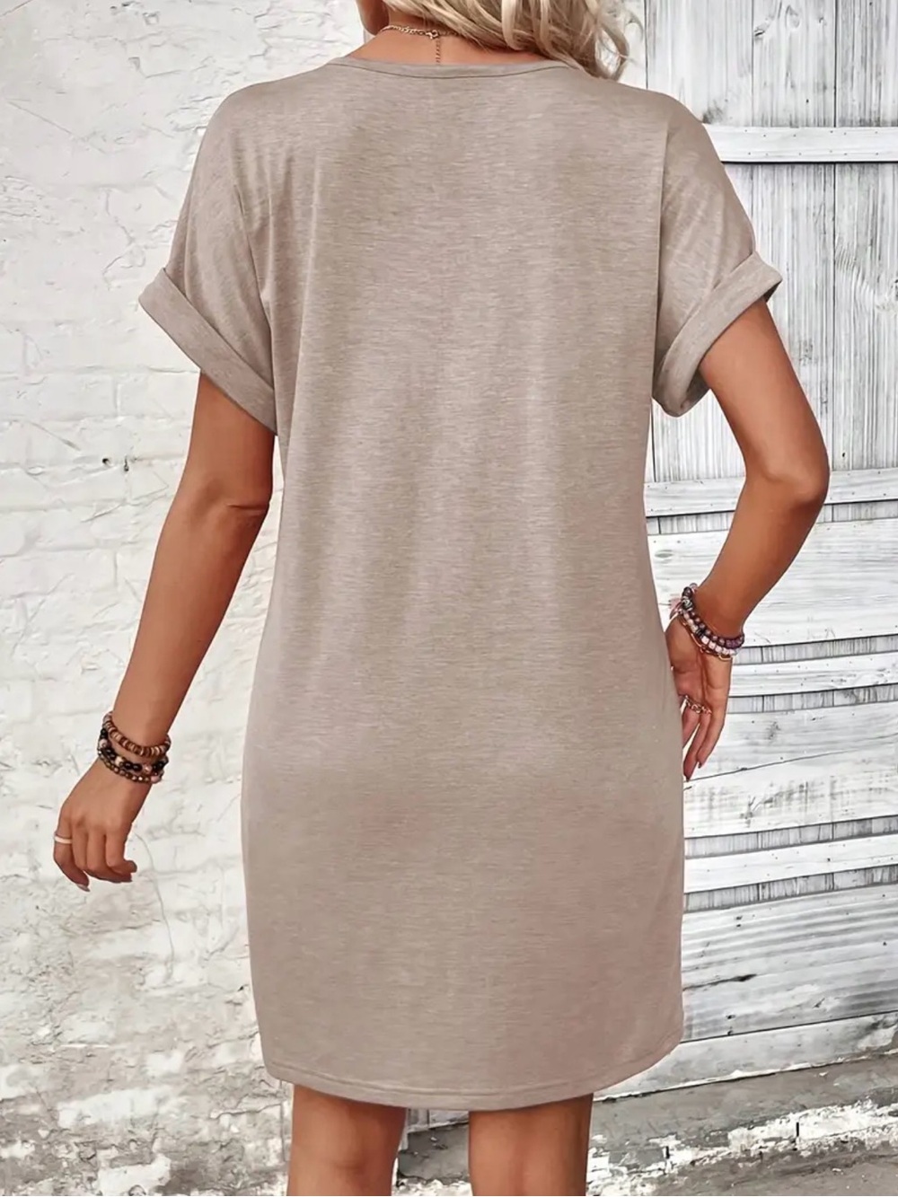V-Neck Short Sleeve Taupe Shift Dress - Picture 4 of 4